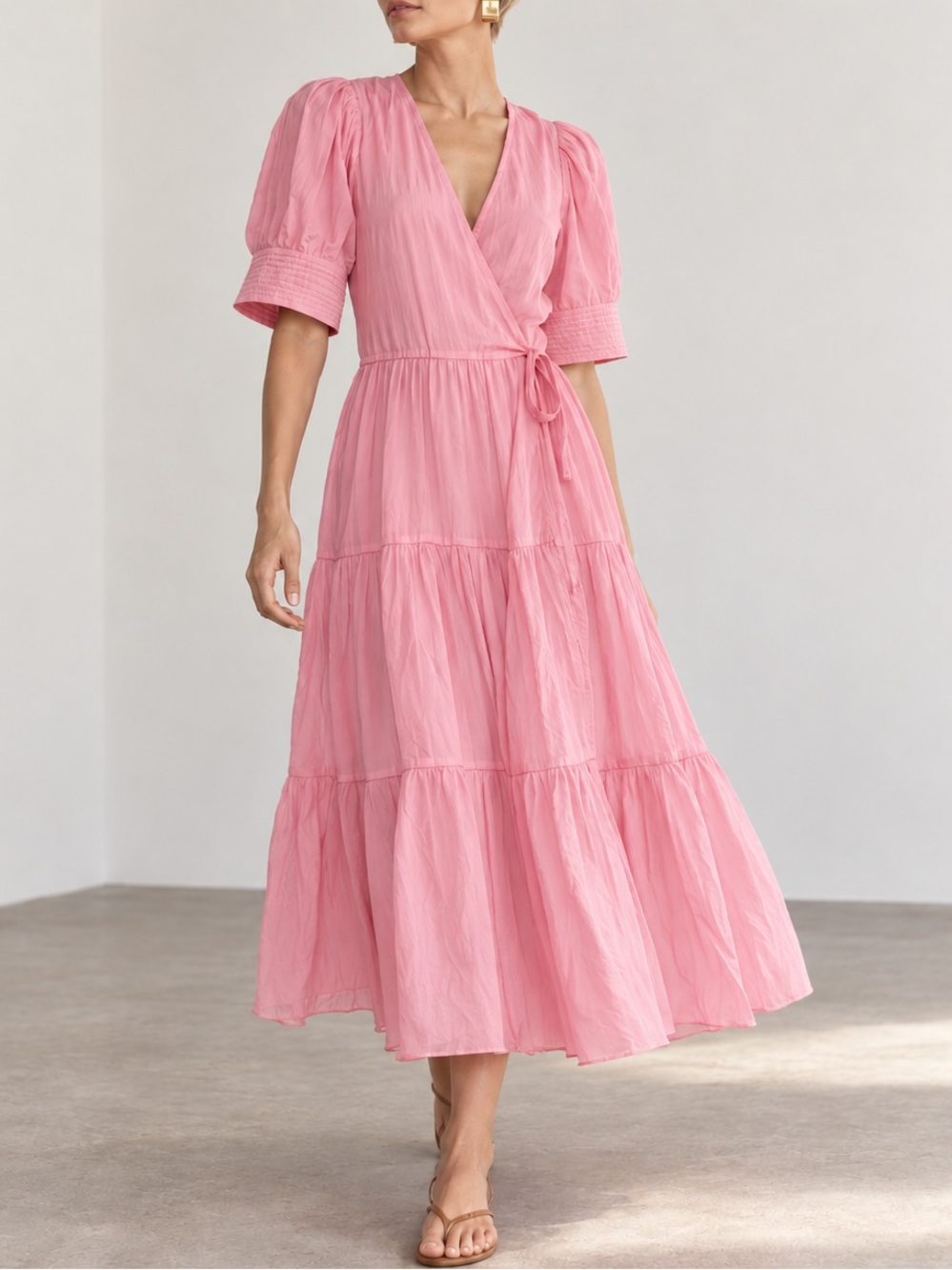 Rhode Gina Pink Tiered Wrap Midi Dress